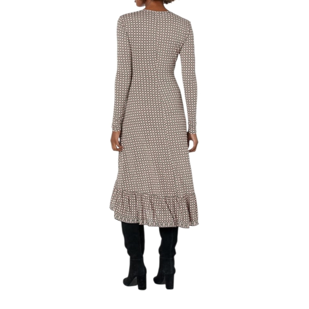 Max Studio Black Beige Graphic Floral Faux Wrap Tiered Long Sleeve Dress size L - Picture 2 of 12